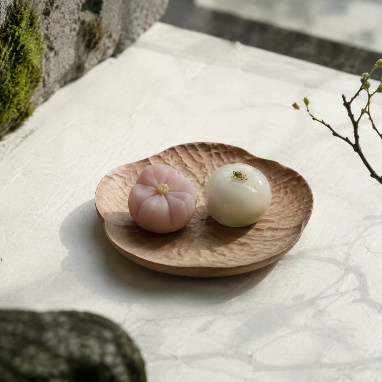 和菓子をのせた手彫りの山桜の皿