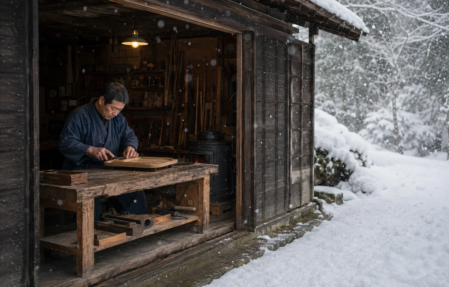 雪の見える工房で木の盆を削る職人の手元